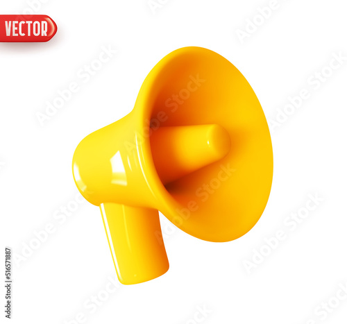 Megaphone Speaker. Loudspeaker yellow color. Speaking trumpet. Realistic 3d design element In plastic cartoon style. Icon isolated on white background. Vector illustration