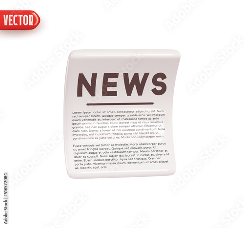 Paper Newspaper. News curved sheet. World press. Realistic 3d design element In plastic cartoon style. Icon isolated on white background. Vector illustration