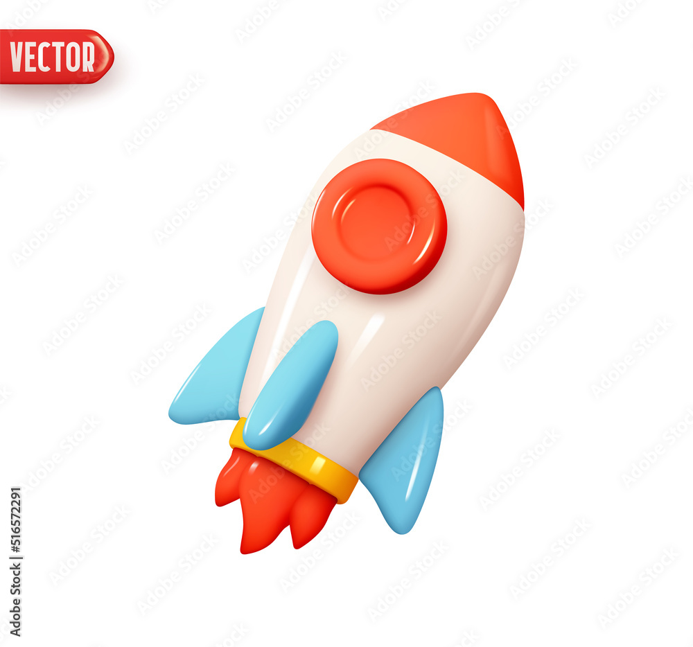 Rocket take off up. Flight spaceship. Realistic 3d design element In