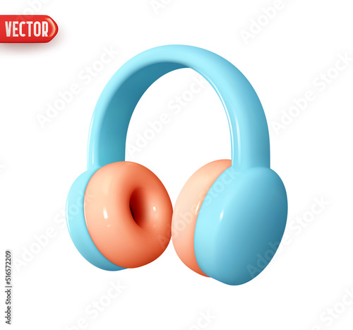 Music audio headphones. Modern audio headset. Realistic 3d design element In plastic cartoon style. Blue Icon isolated on white background. Vector illustration