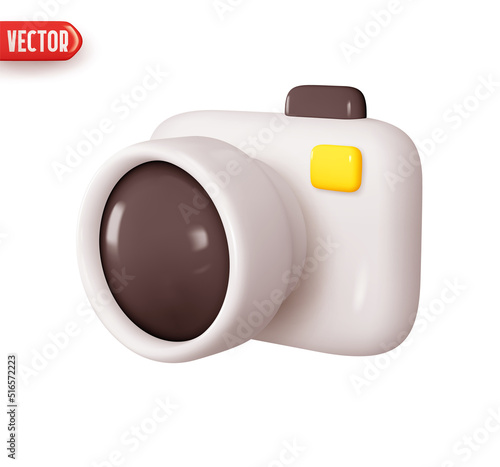 Photo camera. Modern digital SLR photo video camera. Realistic 3d design element In plastic cartoon style. Icon isolated on white background. Vector illustration