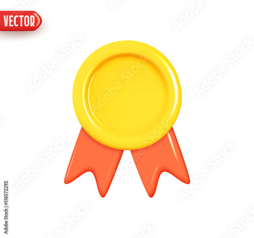 Gold medal with ribbon. Round Achievement Award. Realistic 3d design element In plastic cartoon style. Icon isolated on white background. Vector illustration