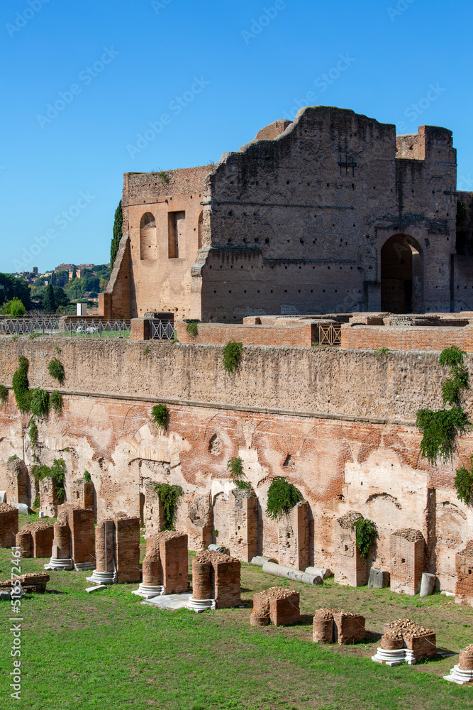 Palatine Hill, view of the ruins of several important ancient  buildings, Hippodrome of Domitian, Rome, Italy