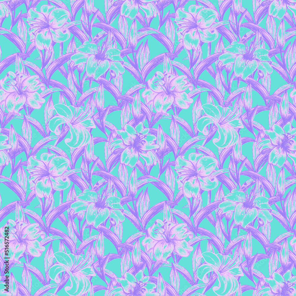 Watercolor pattern of flowers illustrations. Iris flowers. Lilia seamless pattern. Draw watercolor botanical illustration. Wallpaper, fabric, giftcraft design