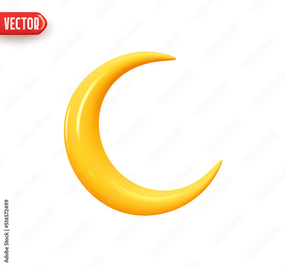 Crescent yellow. Young lunar month. Gold half month. Realistic 3d design element In plastic cartoon style. Icon isolated on white background. Vector illustration