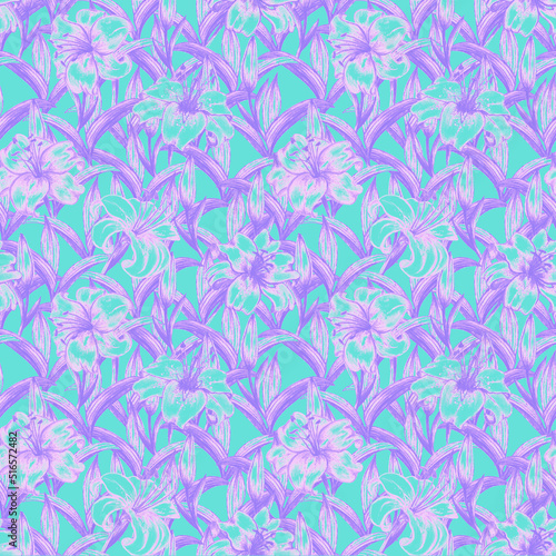 Watercolor pattern of flowers illustrations. Iris flowers. Lilia seamless pattern. Draw watercolor botanical illustration. Wallpaper, fabric, giftcraft design
