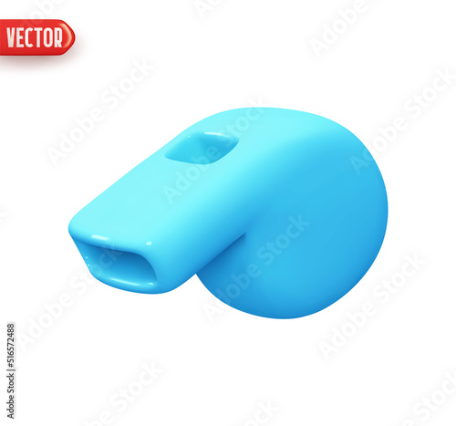 Sports whistle blue color. Realistic 3d design element In plastic cartoon style. Icon isolated on white background. Vector illustration