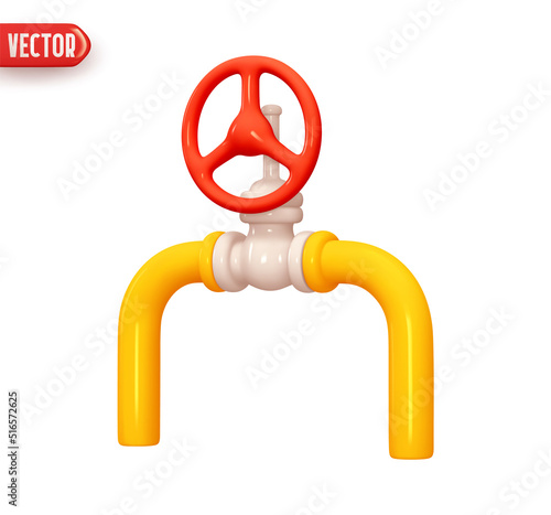 Gas and oil pipe with valve. Realistic 3d design element In plastic cartoon style. Icon isolated on white background. Vector illustration