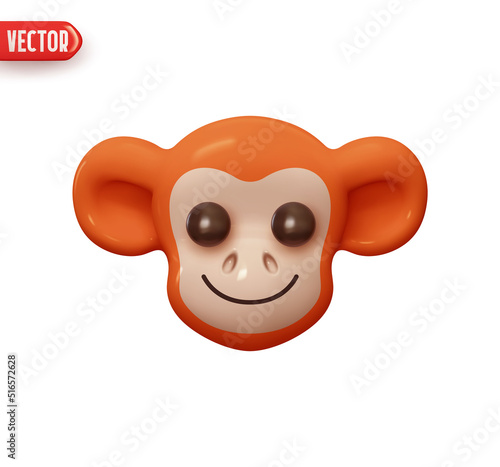 Head emotion macaque monkey. chimpanzee face emoticon. Realistic 3d design element In plastic cartoon style. Icon isolated on white background. Vector illustration