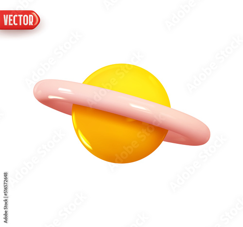 Yellow Planet Saturn, Jupiter, Uranus, Neptune, with ring around. Realistic 3d design element In plastic cartoon style. Icon isolated on white background. Vector illustration