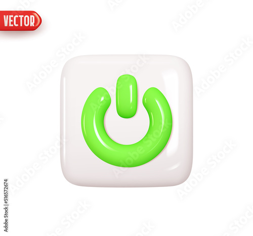 Turn off and on button. Square power button. Realistic 3d design element In plastic cartoon style. Icon isolated on white background. Vector illustration