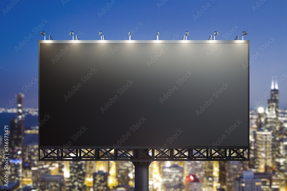 Blank black horizontal billboard on skyline background at evening, front view. Mock up, advertising concept Blank black horizontal billboard on skyline background at evening, front view. Mock up, advertising concept
