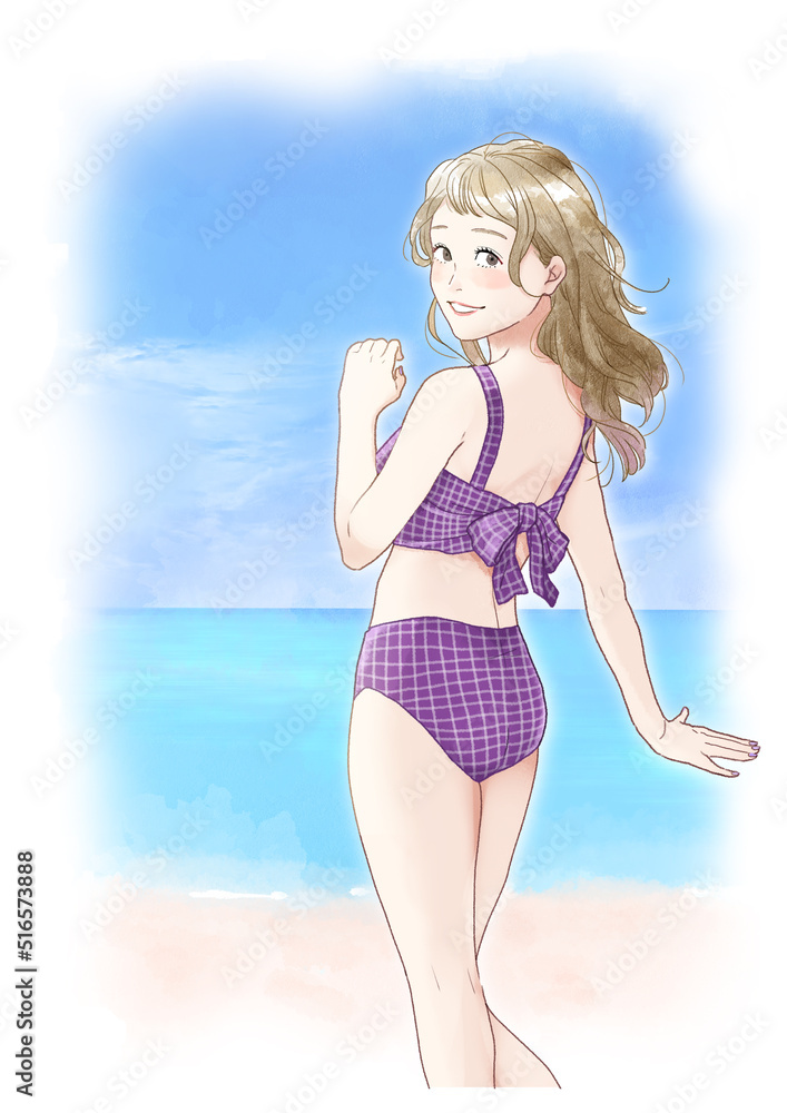 Illustration of a woman wearing a swimsuit and laughing on the beach.