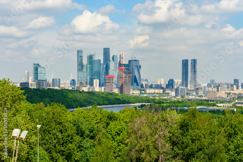 Skyscrapers of Moscow city seen from Sparrow mountains, Russia