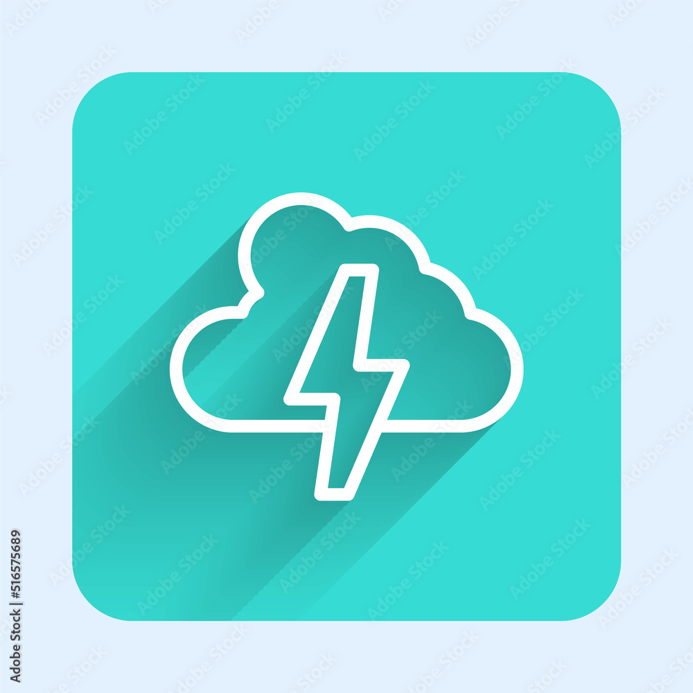 White line Storm icon isolated with long shadow background. Cloud and lightning sign. Weather icon of storm. Green square button. Vector White line Storm icon isolated with long shadow background. Cloud and lightning sign. Weather icon of storm. Green square button. Vector