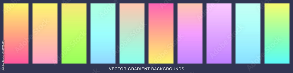 Collection of colorful smooth gradient background for graphic design. Soft color modern screen vector design for mobile app. Blue, green, turquoise, bright, red, yellow, abstract. EPS 10.