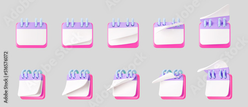 3d pink calendar icons with flipping pages and rings isolated on gray background. Render of daily schedule planner. Calendar events plan, work planning concept. 3d cartoon simple vector illustration.