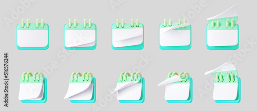 3d blue calendar icons with flipping pages and rings isolated on gray background. Render of daily schedule planner. Calendar events plan, work planning concept. 3d cartoon simple vector illustration.