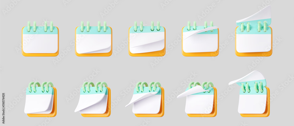 3d calendar icons with flipping paper pages and rings isolated on gray background. Render of daily schedule planner. Calendar events plan, work planning concept. 3d cartoon simple vector illustration 3d calendar icons with flipping paper pages and rings isolated on gray background. Render of daily schedule planner. Calendar events plan, work planning concept. 3d cartoon simple vector illustration