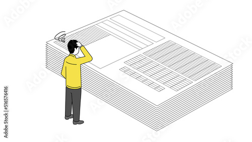 書類の山の前で困るビジネスマンのイラスト、アイソメトリック、ベクター