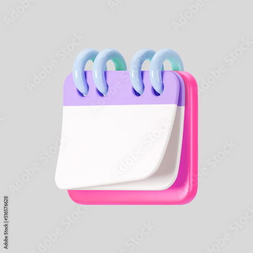 3d pink calendar icon with flipping pages and rings isolated on gray background. Render of daily schedule planner. Calendar events plan, work planning concept. 3d cartoon simple vector illustration