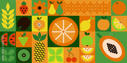 Bauhaus fruits. Abstract geometric food, bright colorful green and orange pattern, simple forms. Natural organic background, modern banner or horizontal poster, agriculture design. Vector illustration