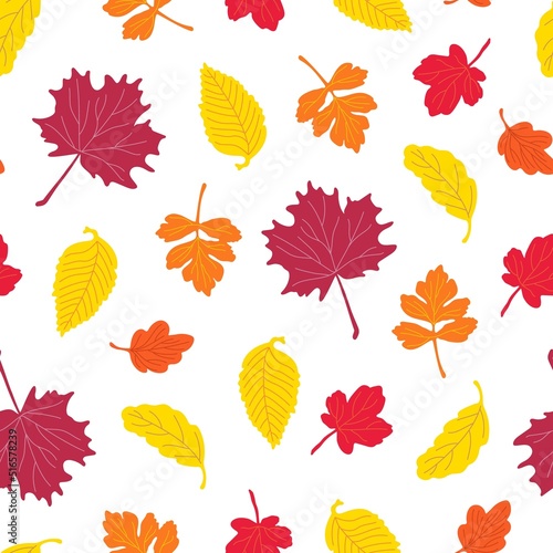 Autumn leaves seamless pattern, simple vector minimalist concept flat style illustration, yellow red orange hand drawn natural floral ornament for invitations, textile, gift paper, autumn holiday deco