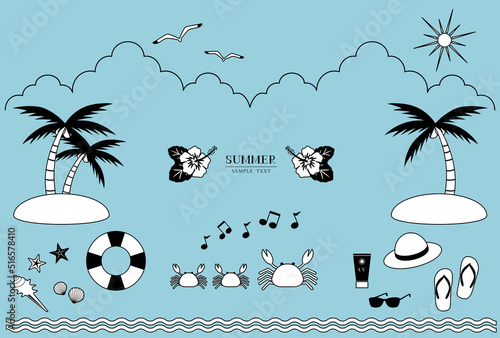 夏のビーチ　白黒イラスト素材 / vector eps	