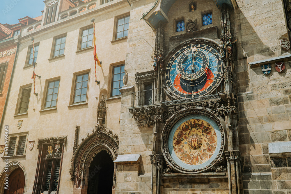 Historical medieval astronomical Clock in Prague, Old Town Hall square, Czech Republic. European capital, famous attraction Historical medieval astronomical Clock in Prague, Old Town Hall square, Czech Republic. European capital, famous attraction