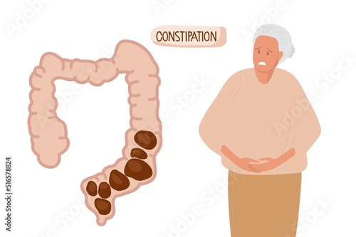 Abdominal pain due to constipation. Intestine with constipation internal organs digestive system. Suffering from pain. Senior Woman holding hand on belly zone. Flat vector illustration. Healthcare.
