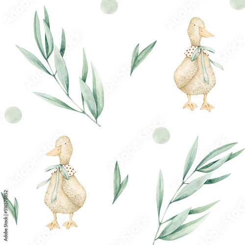 Watercolor seamless pattern with toy goose, eucalyptus, dots. Isolated on white background. Hand drawn clipart. Perfect for card, fabric, tags, invitation, printing, wrapping.