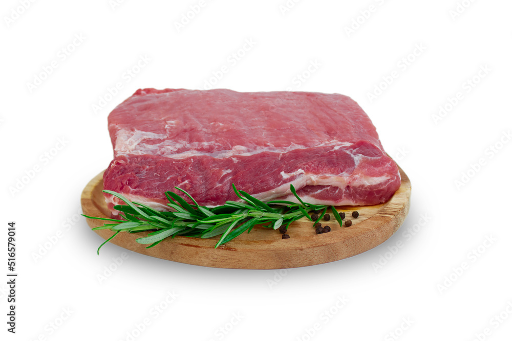 Pork meat with rosemary on a wooden plate, isolated on a white background Pork meat with rosemary on a wooden plate, isolated on a white background