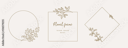 Hand drawn floral frames with branches and leaves. Elegant logo template. Vector illustration vintage decorative elements for label, branding business identity, wedding invitation, greeting card