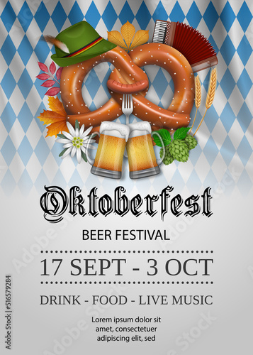 Obraz na plátně Oktoberfest poster with pretzel and beer mugs
