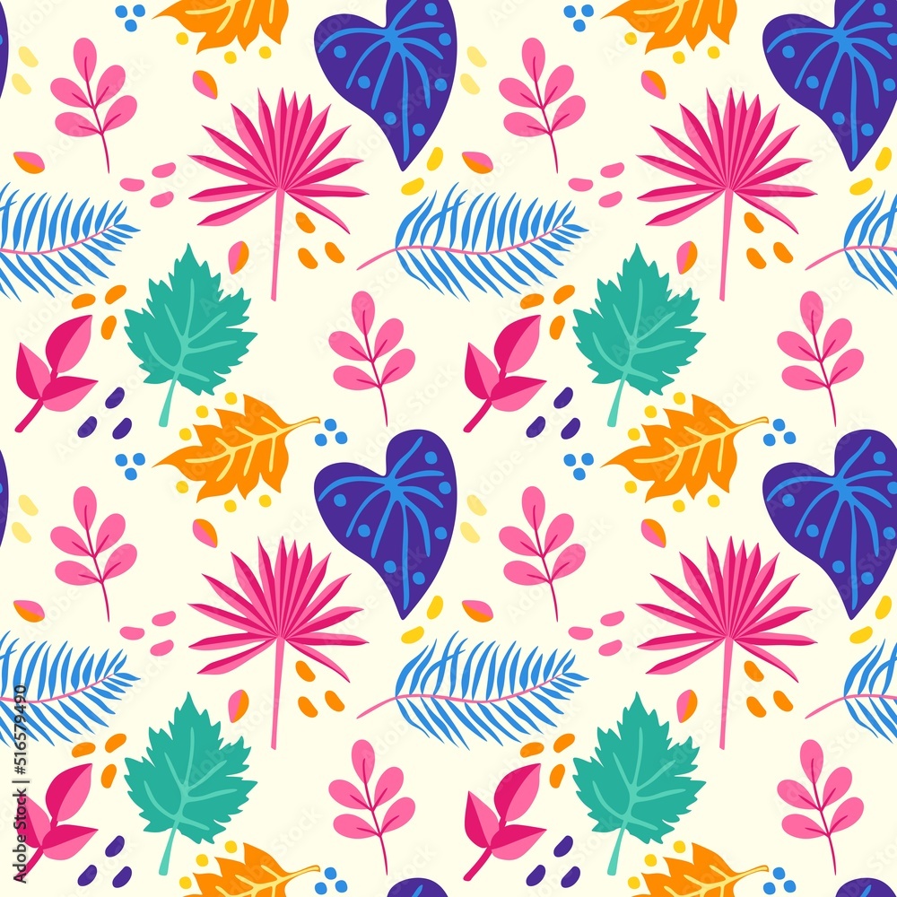 Bright tropical leaves and colored spots form a dynamic seamless pattern on a white background. Natural exotic print for fabric, wallpaper in vector.