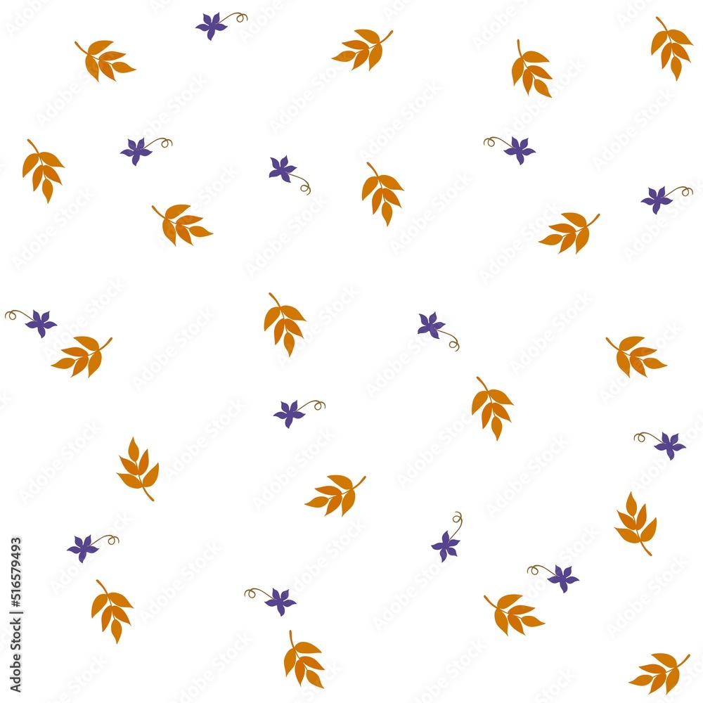 Delicate ornament with small purple flowers with fallen ash leaves isolated on white background. Natural seamless print for fabric in vector.