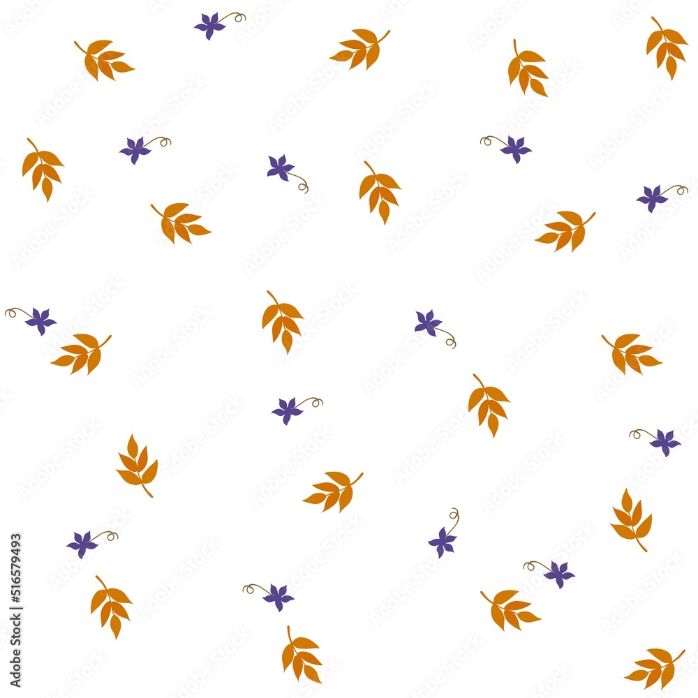 Delicate ornament with small purple flowers with fallen ash leaves isolated on white background. Natural seamless print for fabric in vector. Delicate ornament with small purple flowers with fallen ash leaves isolated on white background. Natural seamless print for fabric in vector.