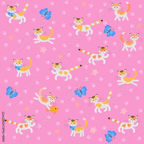 Adorable ginger kittens play on a pink background in vector among cat footprints, hearts, stars. Seamless sweet fabric print for babies, newborns with symbols of the Chinese year of the cat, 2023.