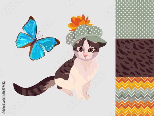 Cat fashionista in olive color cap with polka dots and big blue butterfly isolated on gray background and collection of matching fabrics in vector.