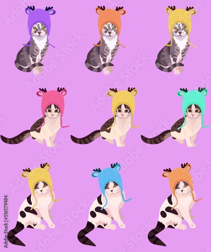 Vector seamless pattern with fashionista pussycats in knitted hats on a purple lavender background. Great print for children's fabric with symbols of the Chinese year of the cat.