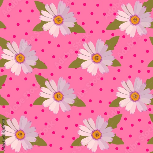 Daisies on a pink background with raspberry polka dots seamless print for fab...