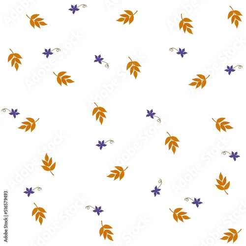 Delicate ornament with small purple flowers with fallen ash leaves isolated on white background. Natural seamless print for fabric in vector. © Happy Dragon