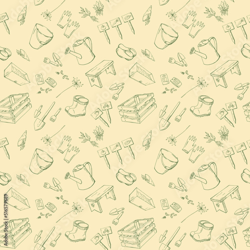 Cute seamless pattern with contour sketch garden tool, watering can, boot, shovel, seed. Light stylish endless texture with hand drawn line art green element on beige background. Vector illustration.