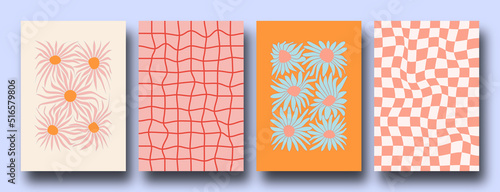 Vector set of Groovy hippie 70s backgrounds. Checkerboard, chessboard, mesh, waves patterns. Twisted and distorted vector texture in trendy retro psychedelic style. Y2k aesthetic.