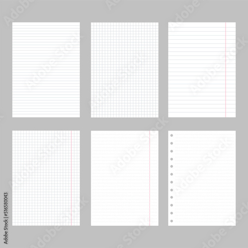 Realistic blank lined paper sheet in A4 format. Grid paper. Vector set
