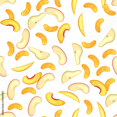 Sliced pieces of fruit. Seamless pattern. Pears, peaches, apples, tangerines. Vector illustration.