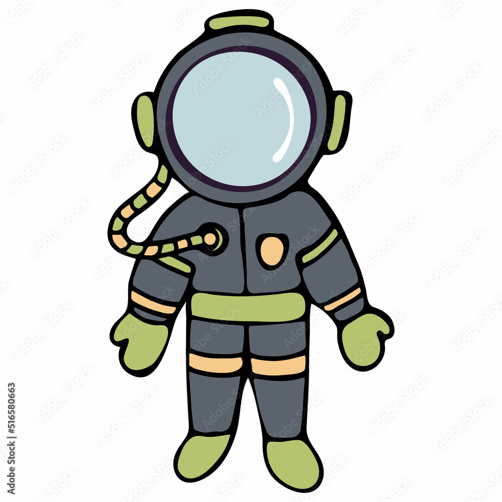Hand Drawn Galaxy Astronaut Isolated on White Background. Colorful Cosmonaut in Spacesuit. Design Element for Cosmonauts Day, Space Day, Cosmonautics Day and Day of Astronautics.