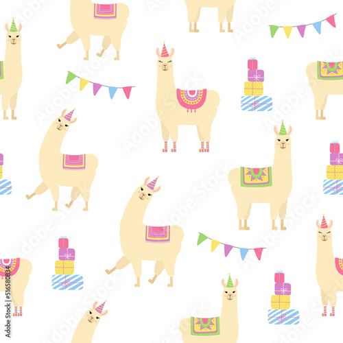 Cute llamas seamless pattern. Alpacas in birthday hats  gift boxes and flags. Background for birthday and baby shower design
