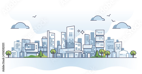 Urban landscape or modern city houses environment scene outline concept. Office buildings in metropolis downtown as financial and business center vector illustration. Tall or high skyscrapers panorama