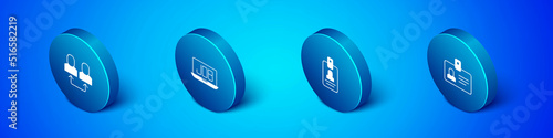 Set Isometric Exchange work, Identification badge, and Search job icon. Vector